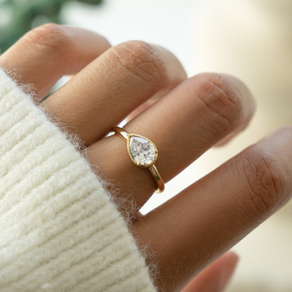 Modern Sideways Pear Bezel CZ Ring