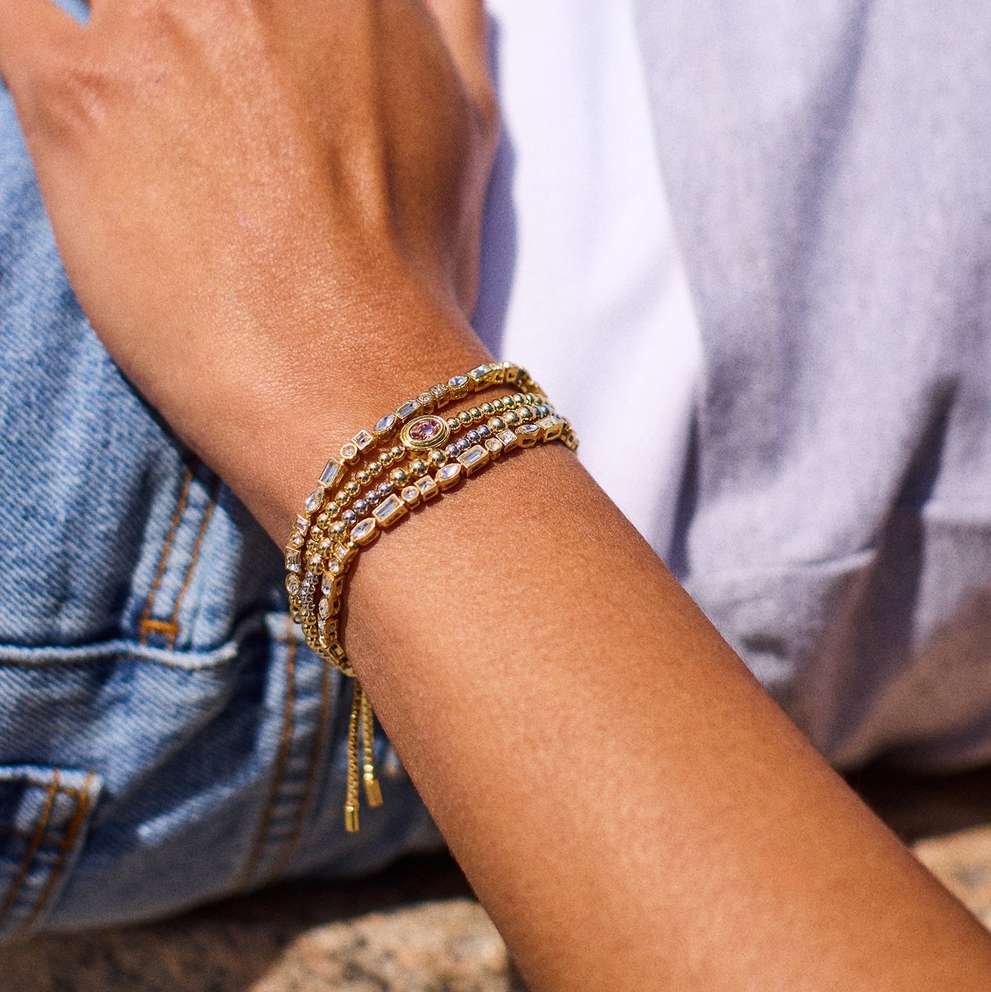 Mixed Stone Tennis Bracelet with Adjustable Pull Tie