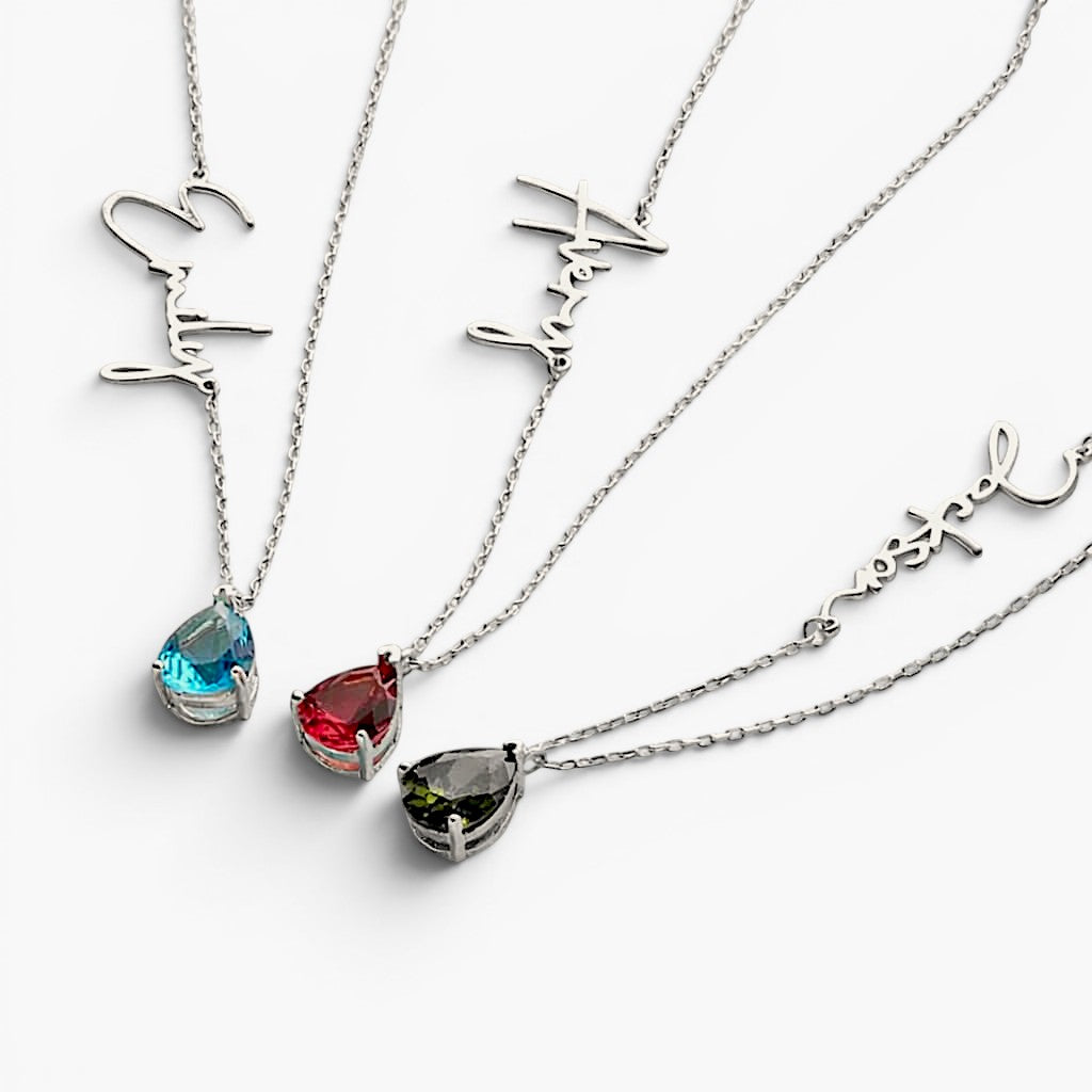Personalized Teardrop Birthstone Name Necklace