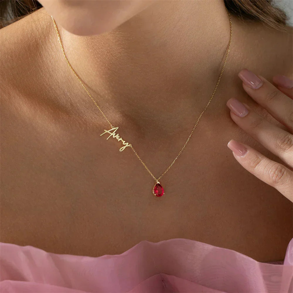 Personalized Teardrop Birthstone Name Necklace