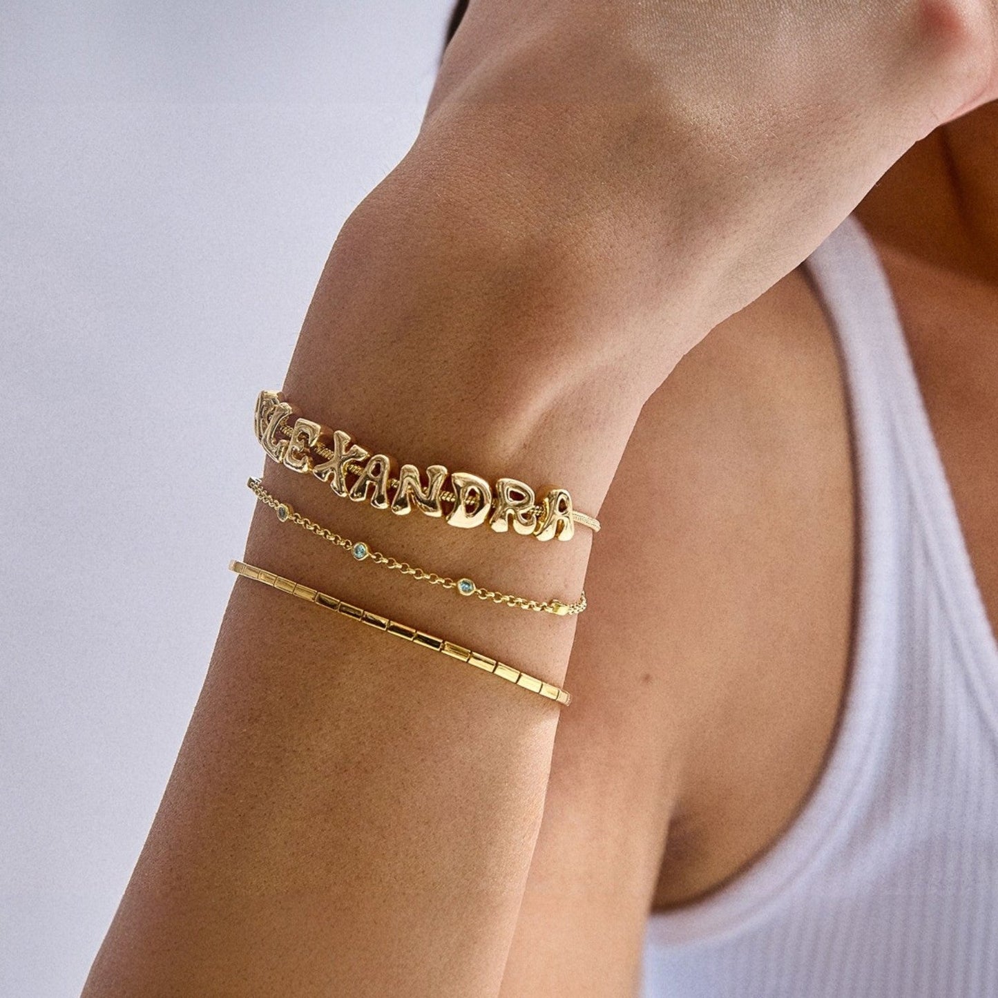 Personalized Bubble Letter Name Bracelet on Adjustable Box Chain