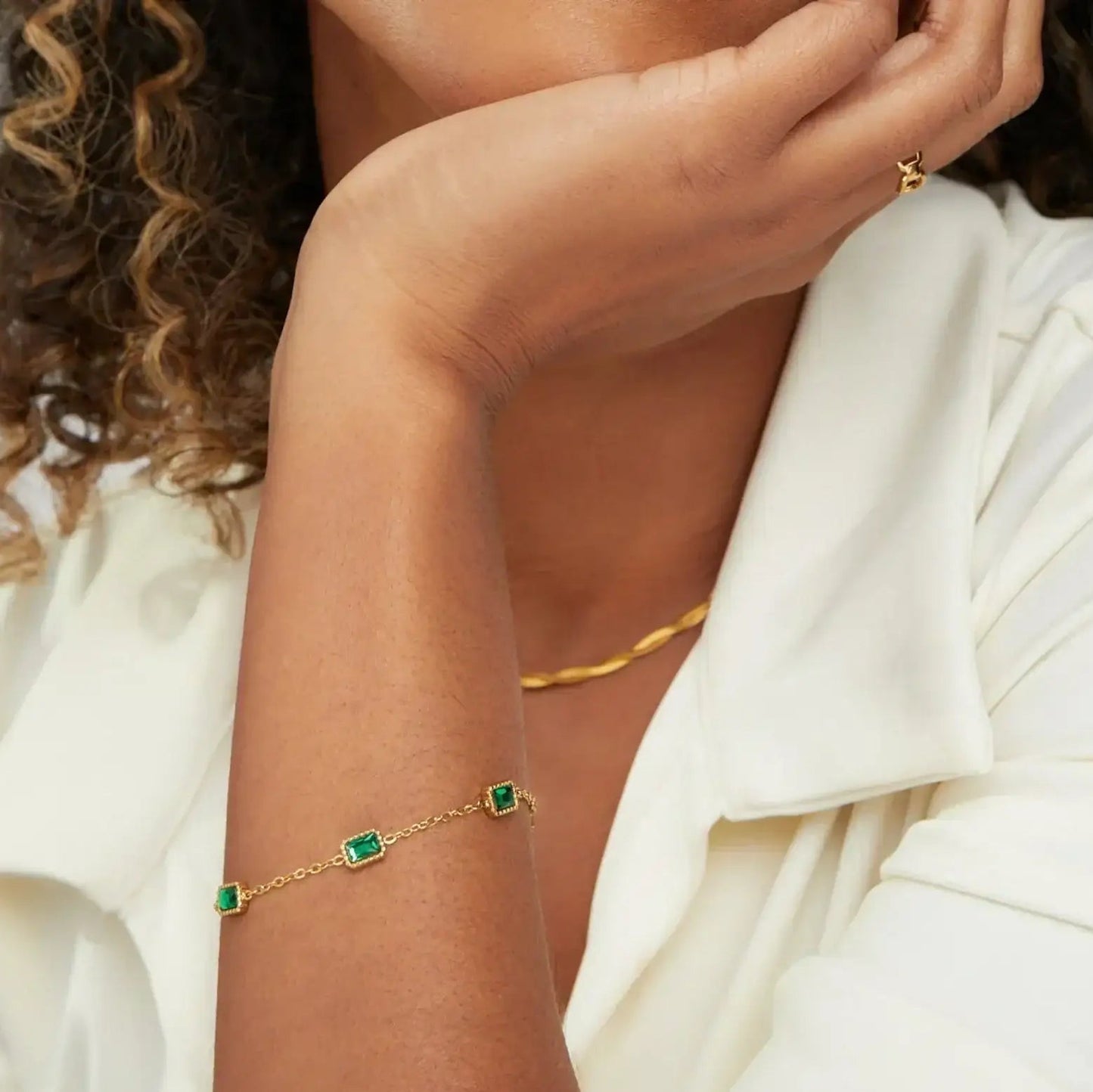 Green Tennis Bracelet with Gold Plated Adjustable Chain