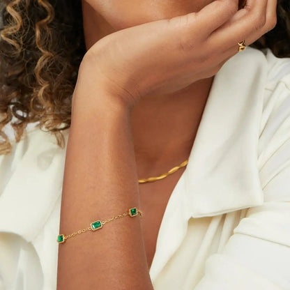 Green Tennis Bracelet with Gold Plated Adjustable Chain