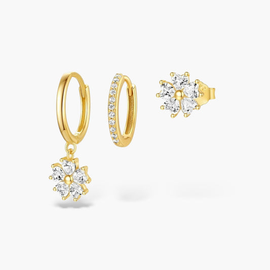 Gold Crystal Flower Stud and Hoop Earrings Set