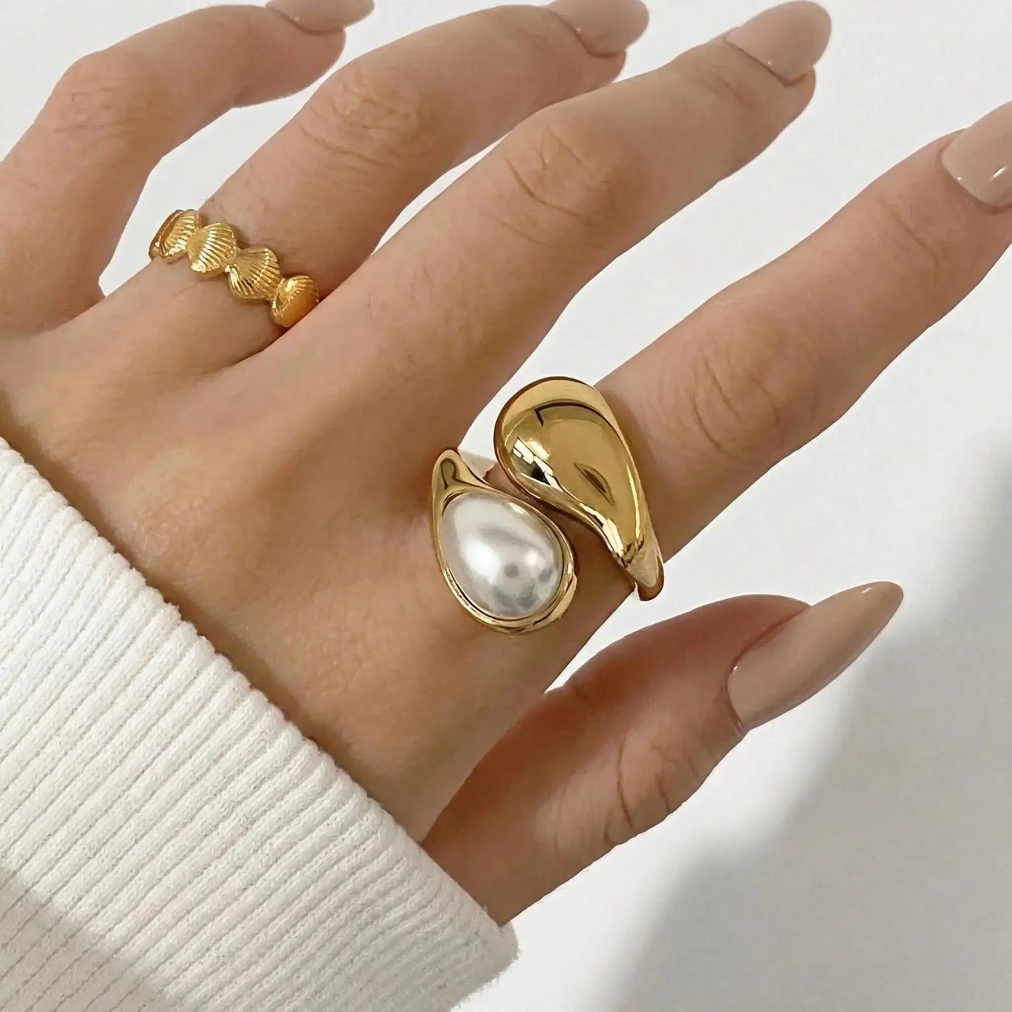 Sculptural Pearl Gold Wrap Ring